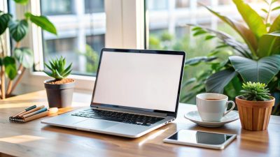 Laptop, tablet and coffee on a wooden desk near a window.